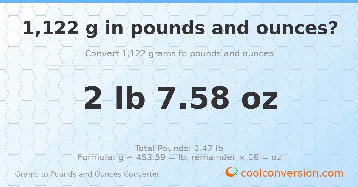 1122 g to lb and oz — 1122 g = 2 lb 7.58 oz
