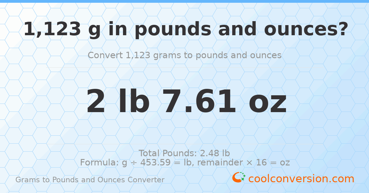 1123 g to lb and oz — 1123 g = 2 lb 7.61 oz