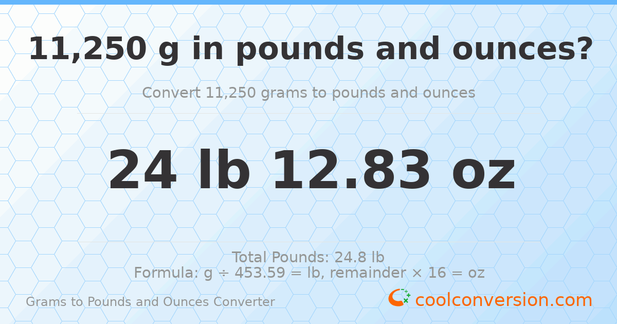 11250 g to lb and oz — 11250 g = 24 lb 12.83 oz