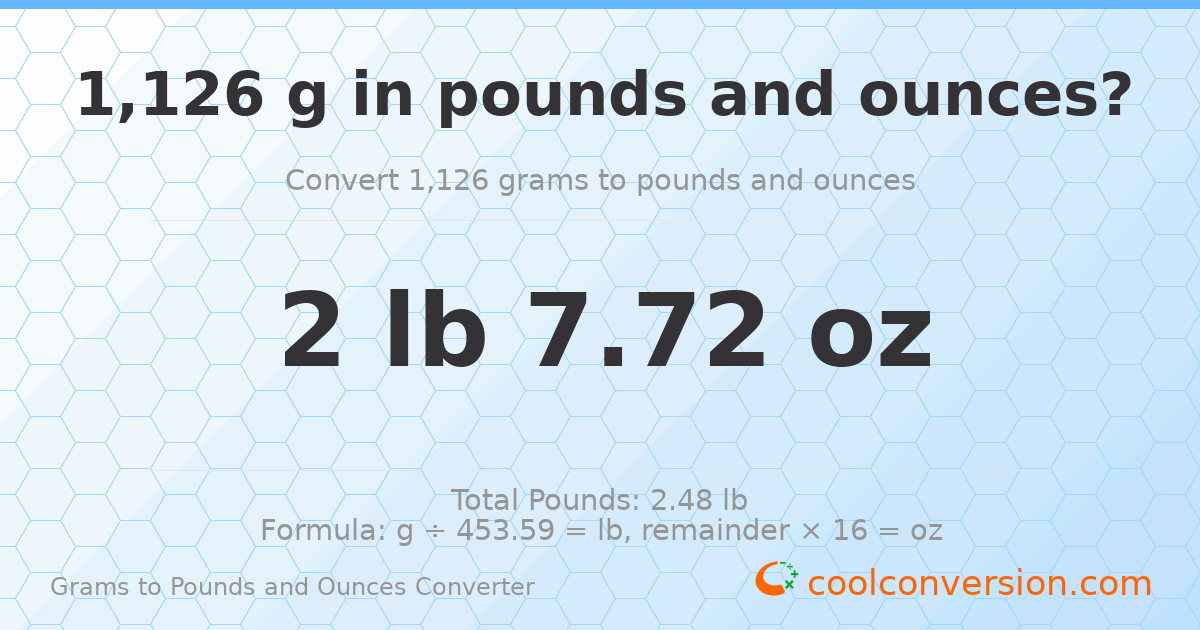 1126 g to lb and oz — 1126 g = 2 lb 7.72 oz