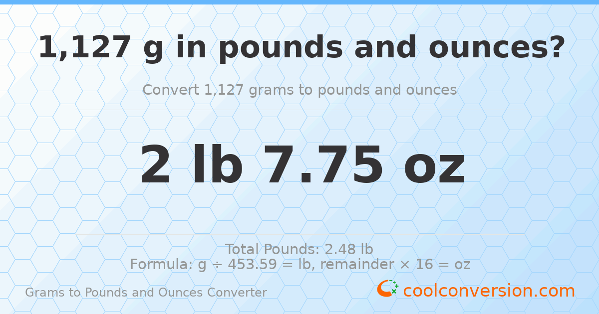 1127 g to lb and oz — 1127 g = 2 lb 7.75 oz