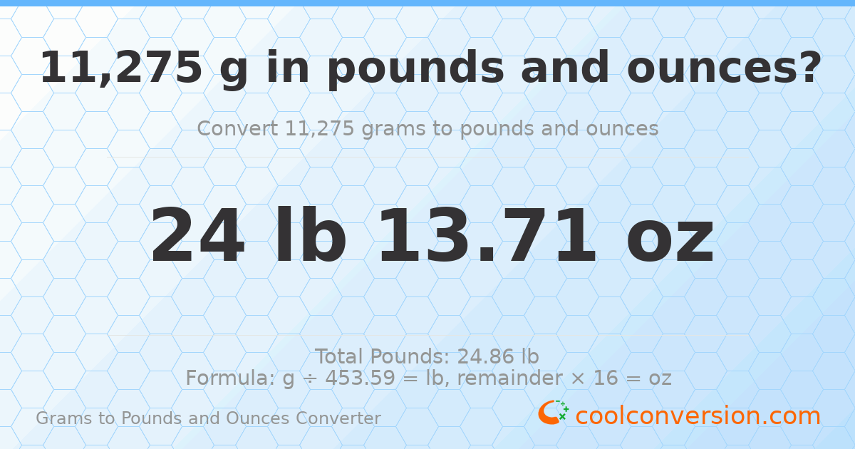 11275 g to lb and oz — 11275 g = 24 lb 13.71 oz