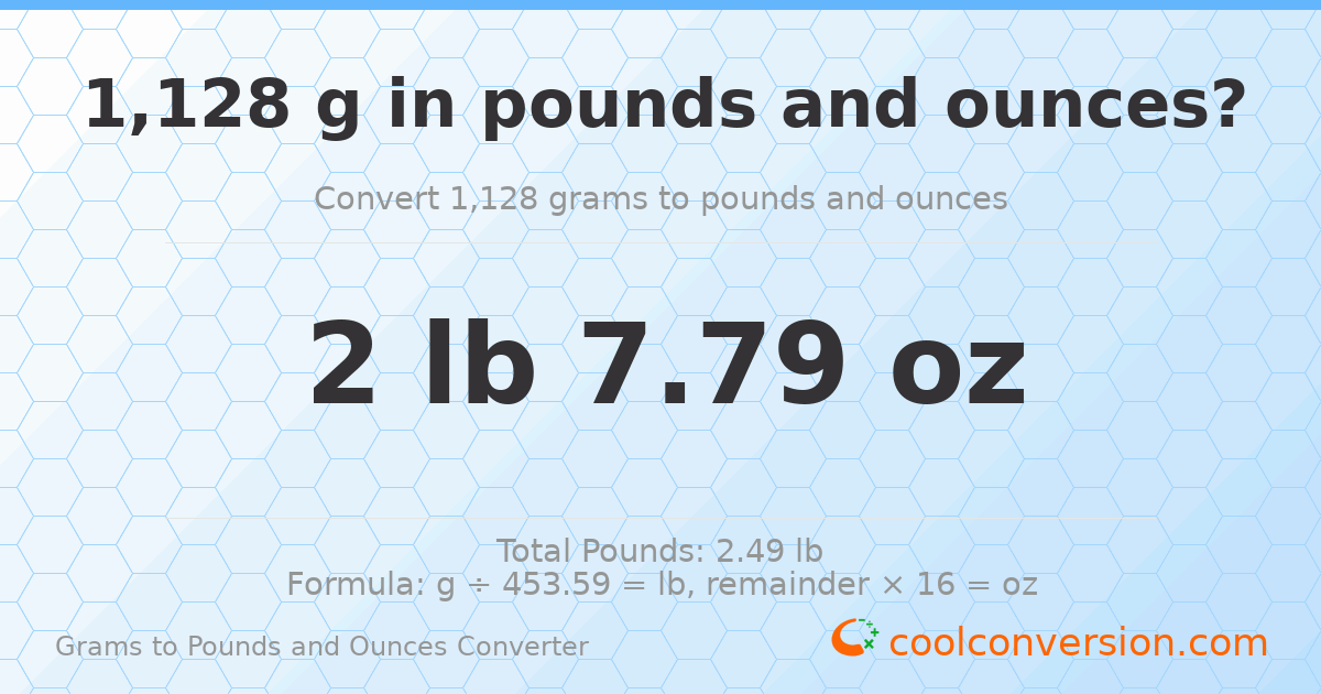 1128 g to lb and oz — 1128 g = 2 lb 7.79 oz
