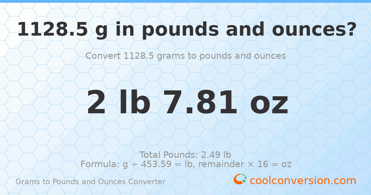 1128.5 g to lb and oz — 1128.5 g = 2 lb 7.81 oz