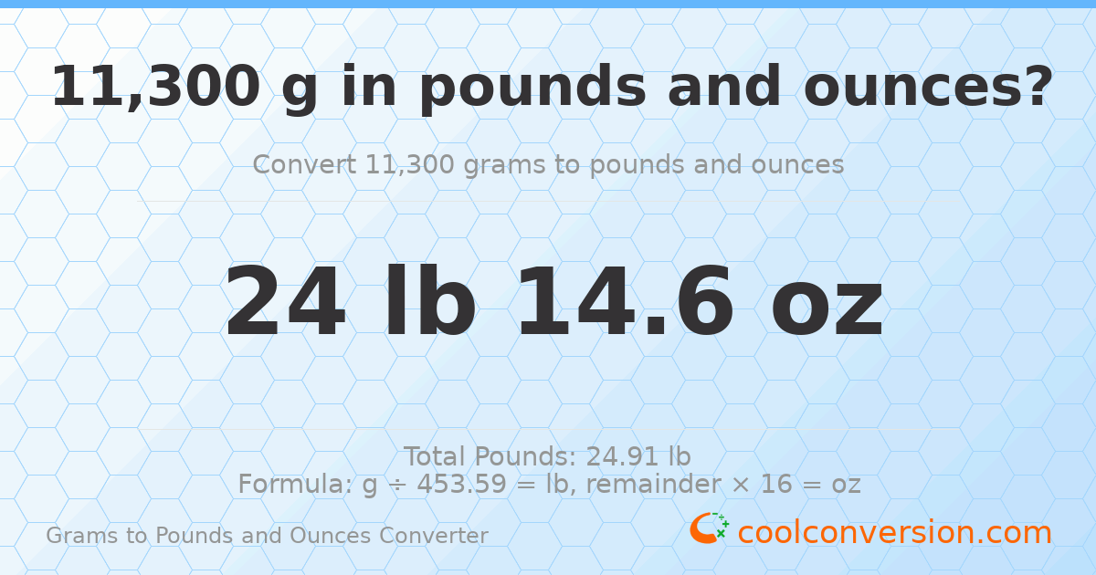11300 g to lb and oz — 11300 g = 24 lb 14.6 oz