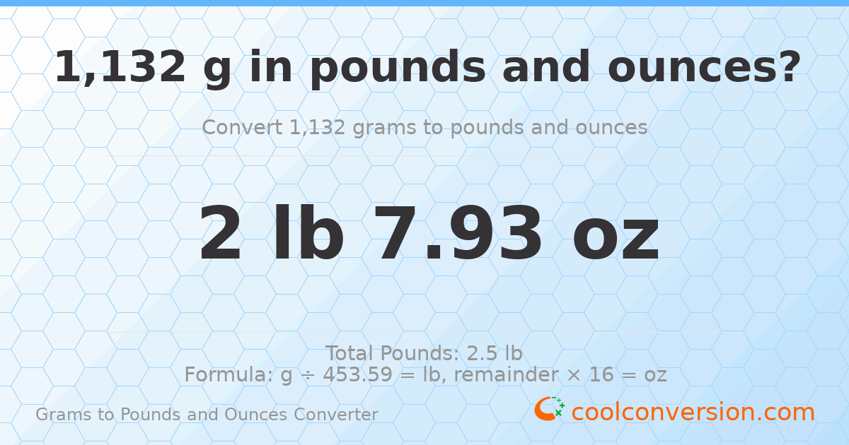 1132 g to lb and oz — 1132 g = 2 lb 7.93 oz