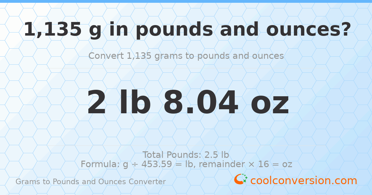 1135 g to lb and oz — 1135 g = 2 lb 8.04 oz