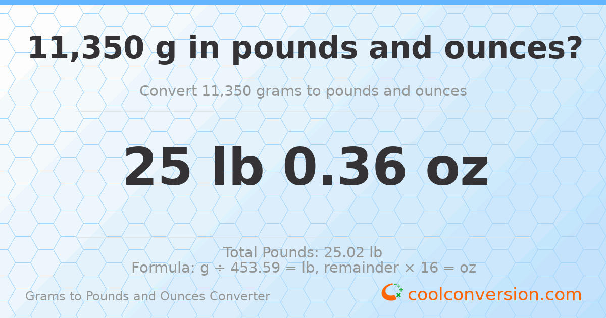 11350 g to lb and oz — 11350 g = 25 lb 0.36 oz
