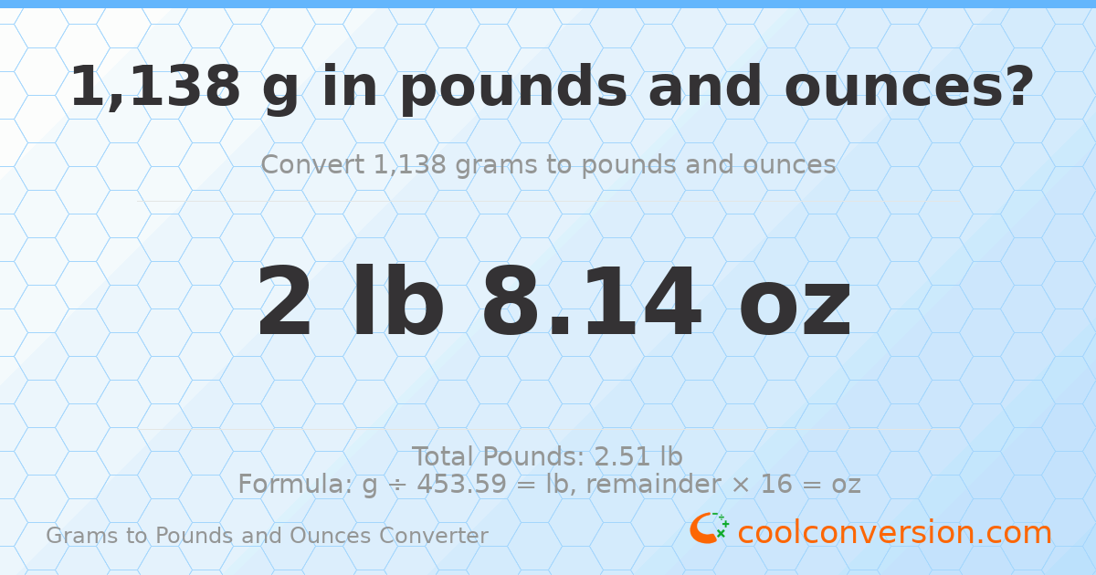1138 g to lb and oz — 1138 g = 2 lb 8.14 oz