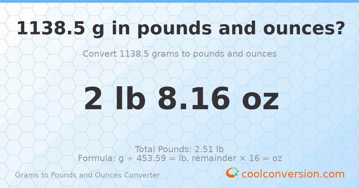 1138.5 g to lb and oz — 1138.5 g = 2 lb 8.16 oz