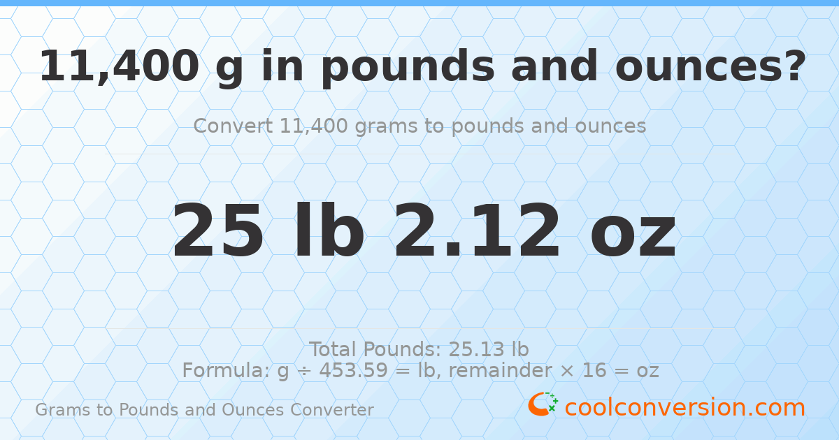 11400 g to lb and oz — 11400 g = 25 lb 2.12 oz