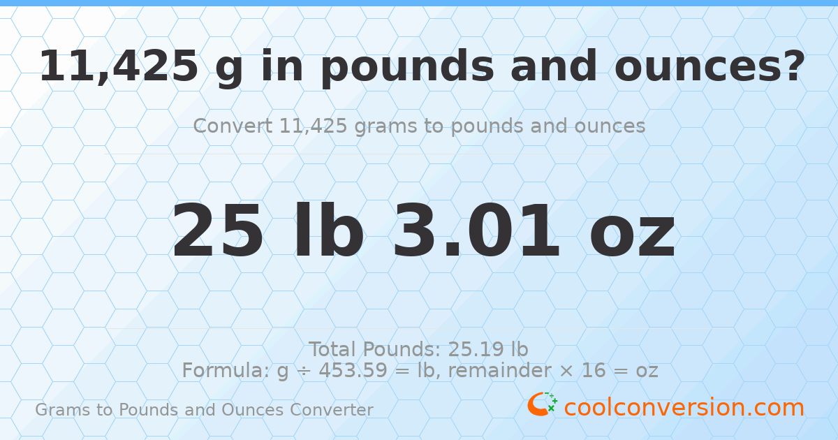11425 g to lb and oz — 11425 g = 25 lb 3.01 oz