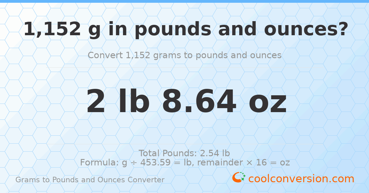 1152 g to lb and oz — 1152 g = 2 lb 8.64 oz