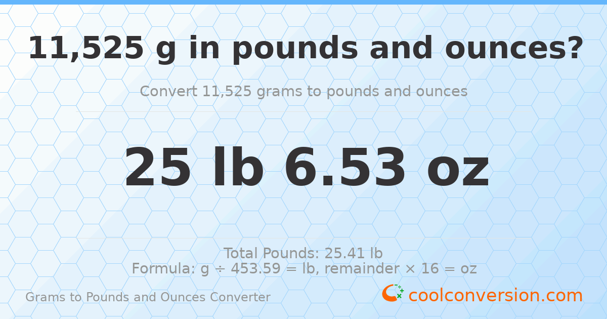 11525 g to lb and oz — 11525 g = 25 lb 6.53 oz