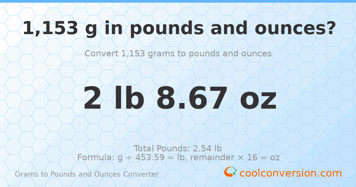 1153 g to lb and oz — 1153 g = 2 lb 8.67 oz