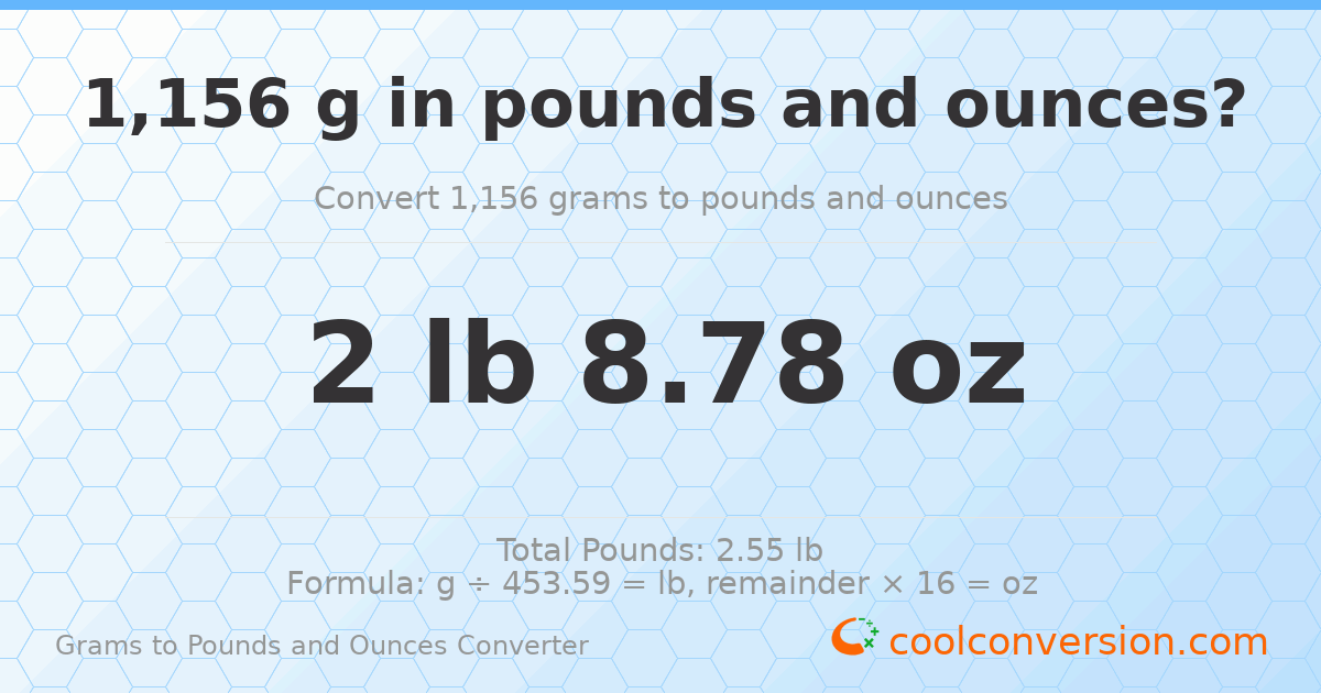 1156 g to lb and oz — 1156 g = 2 lb 8.78 oz