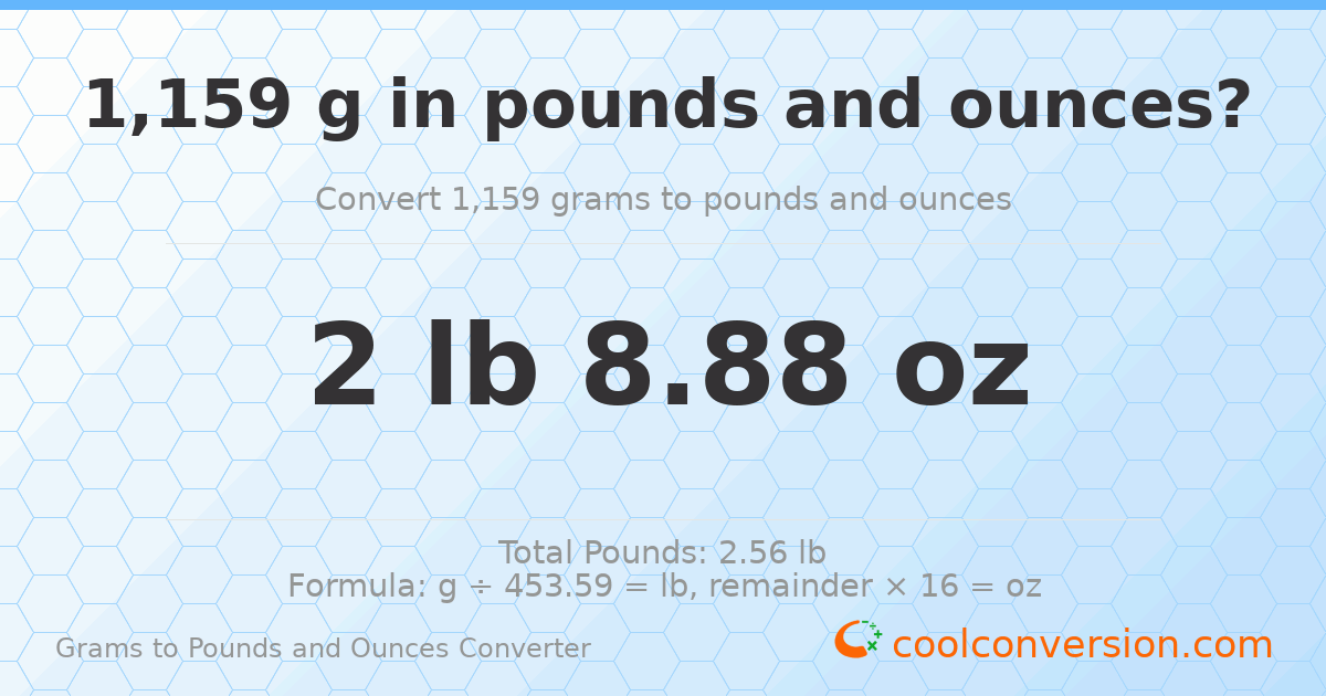 1159 g to lb and oz — 1159 g = 2 lb 8.88 oz