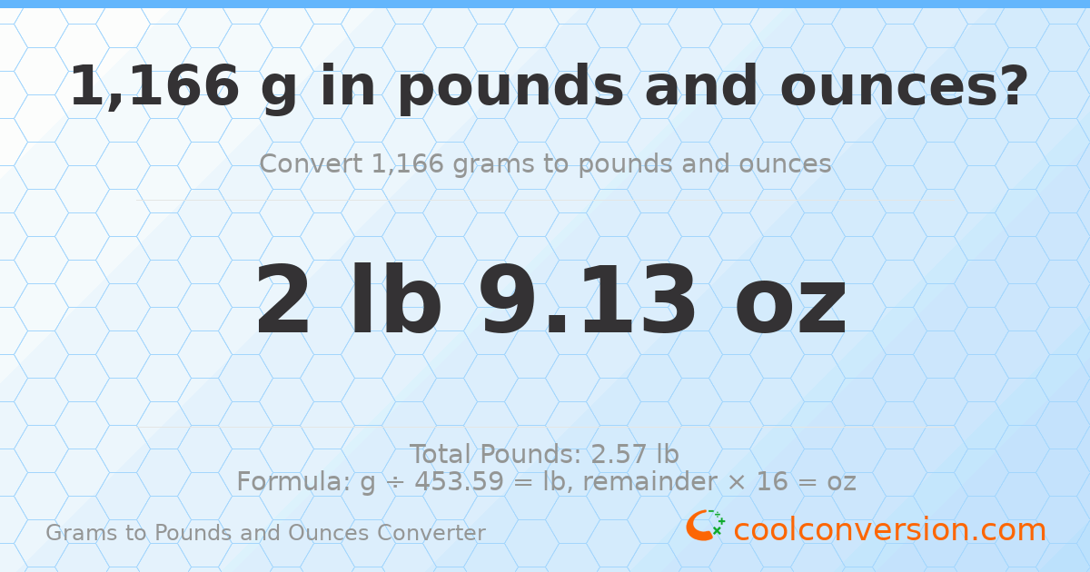 1166 g to lb and oz — 1166 g = 2 lb 9.13 oz