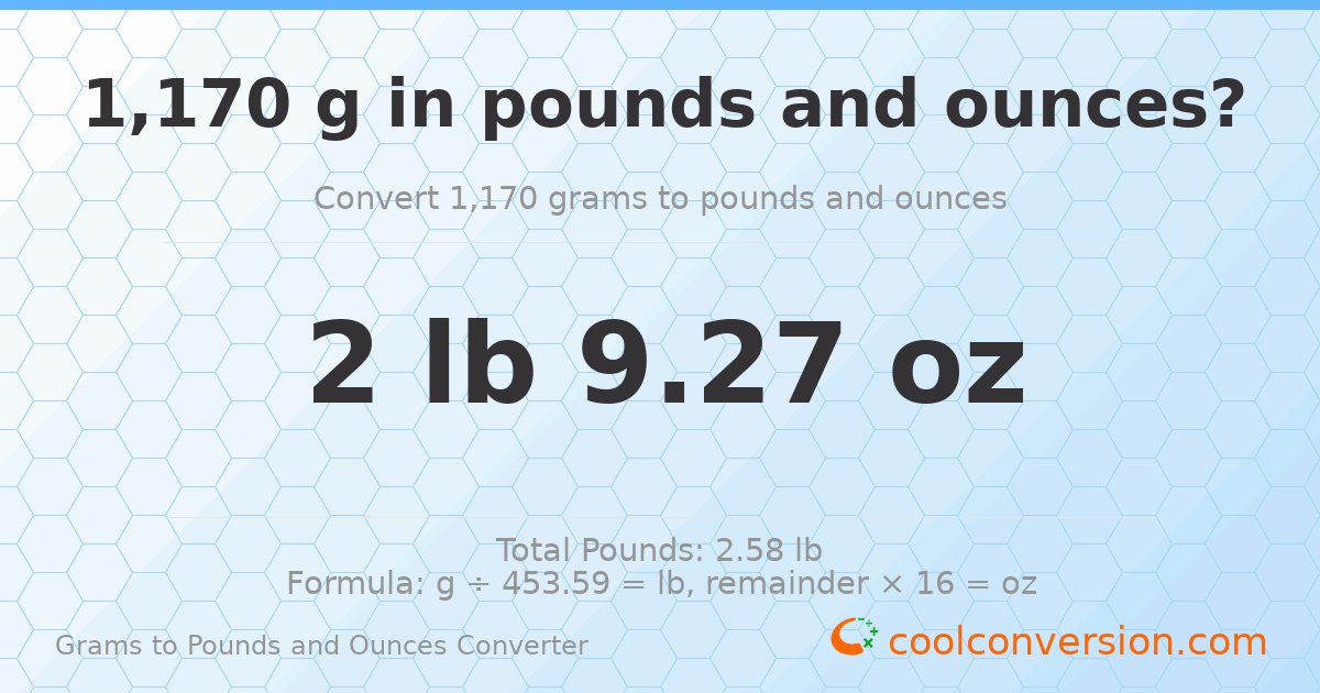 1170 g to lb and oz — 1170 g = 2 lb 9.27 oz