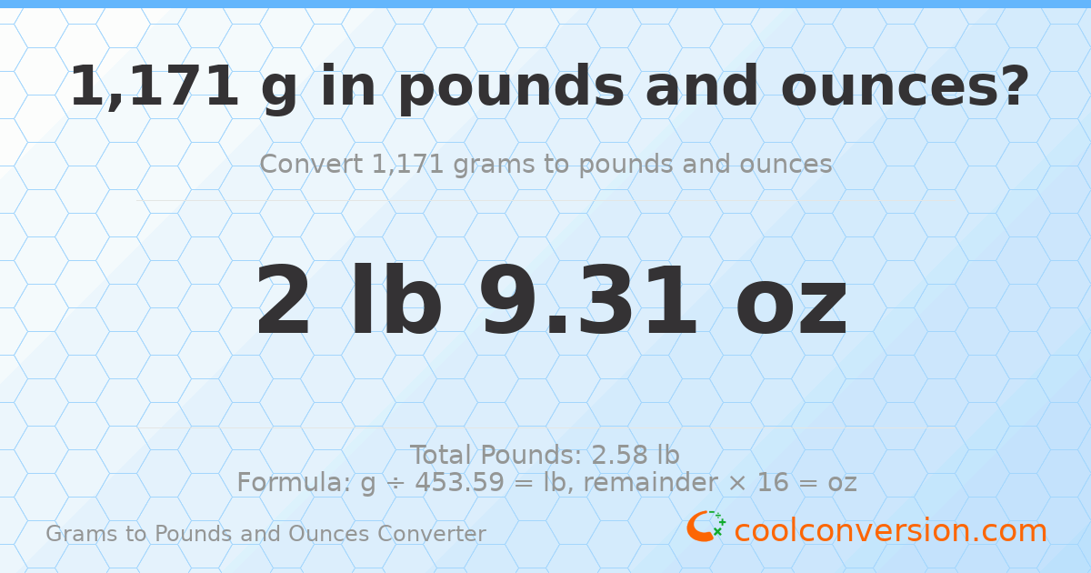 1171 g to lb and oz — 1171 g = 2 lb 9.31 oz