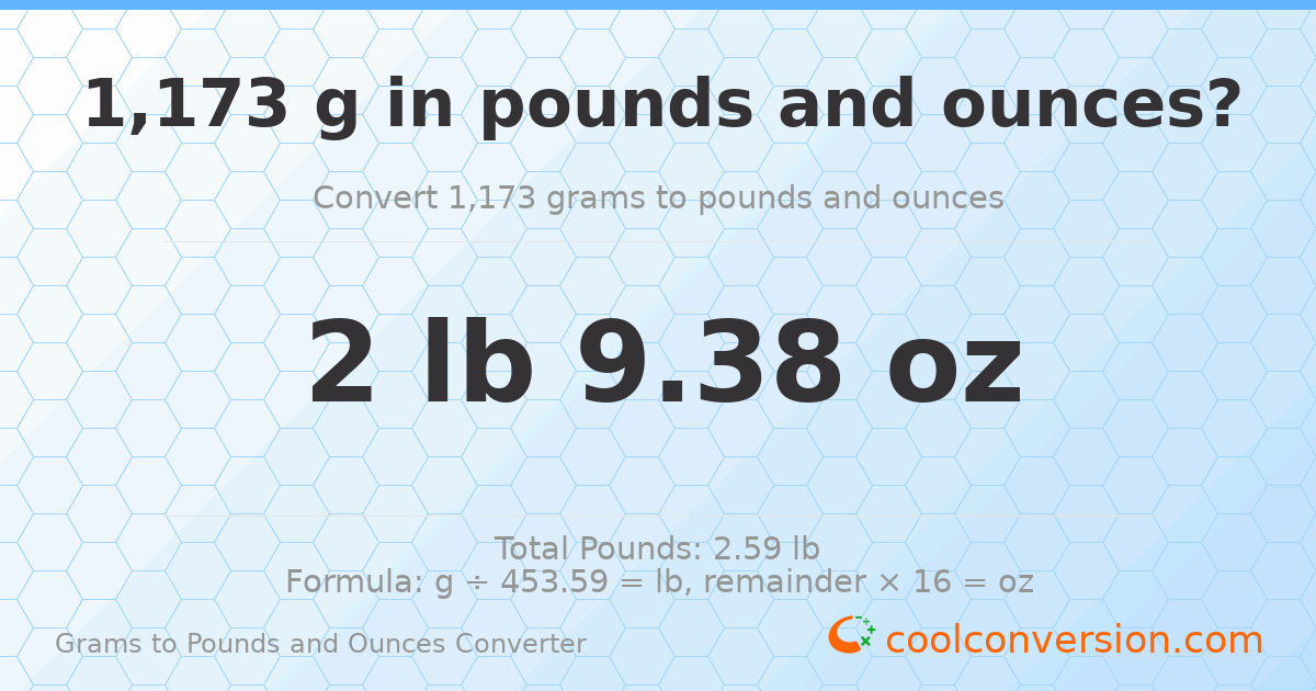 1173 g to lb and oz — 1173 g = 2 lb 9.38 oz