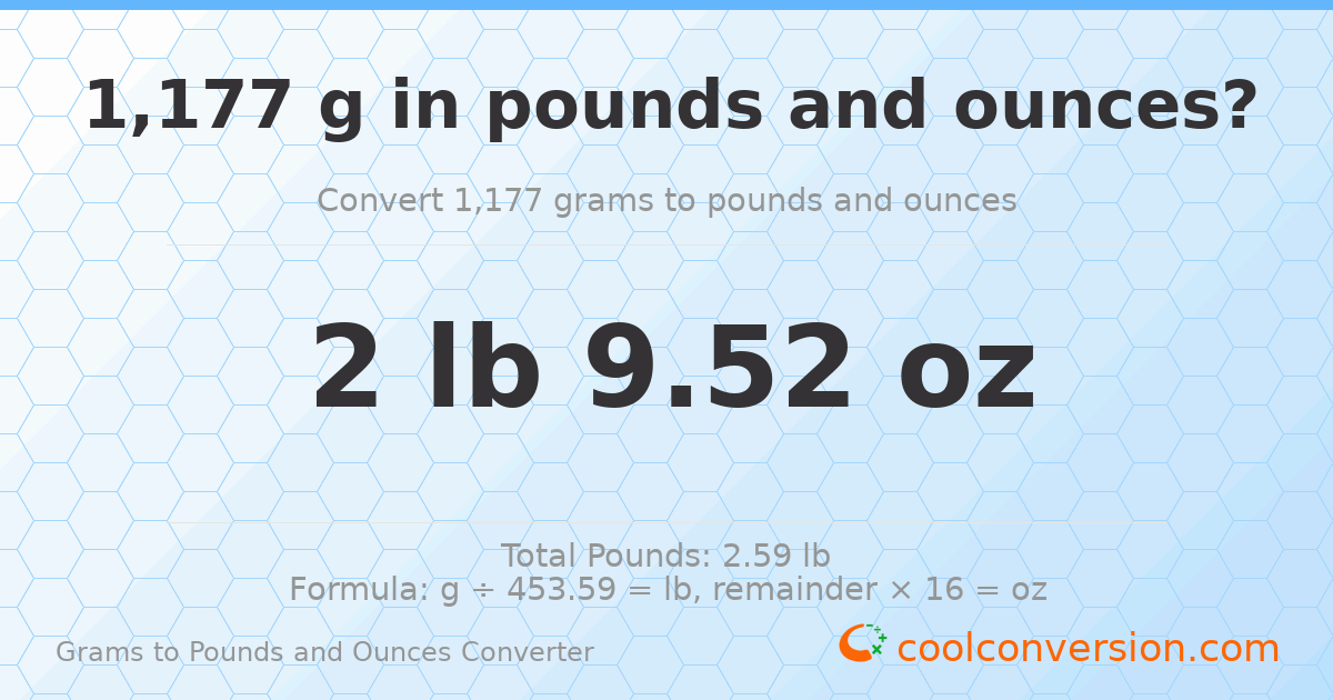 1177 g to lb and oz — 1177 g = 2 lb 9.52 oz