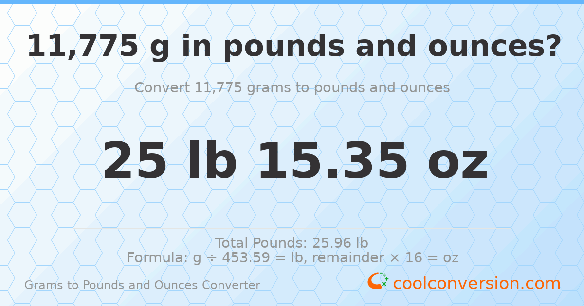 11775 g to lb and oz — 11775 g = 25 lb 15.35 oz