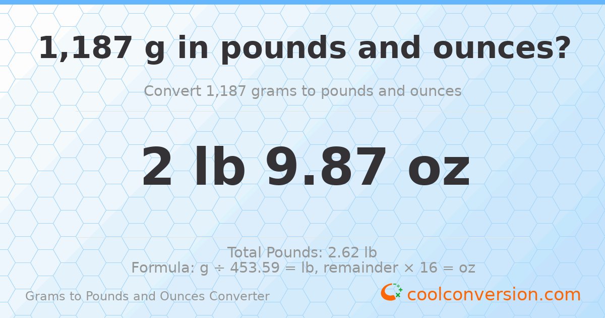 1187 g to lb and oz — 1187 g = 2 lb 9.87 oz