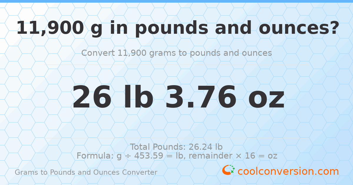 11900 g to lb and oz — 11900 g = 26 lb 3.76 oz
