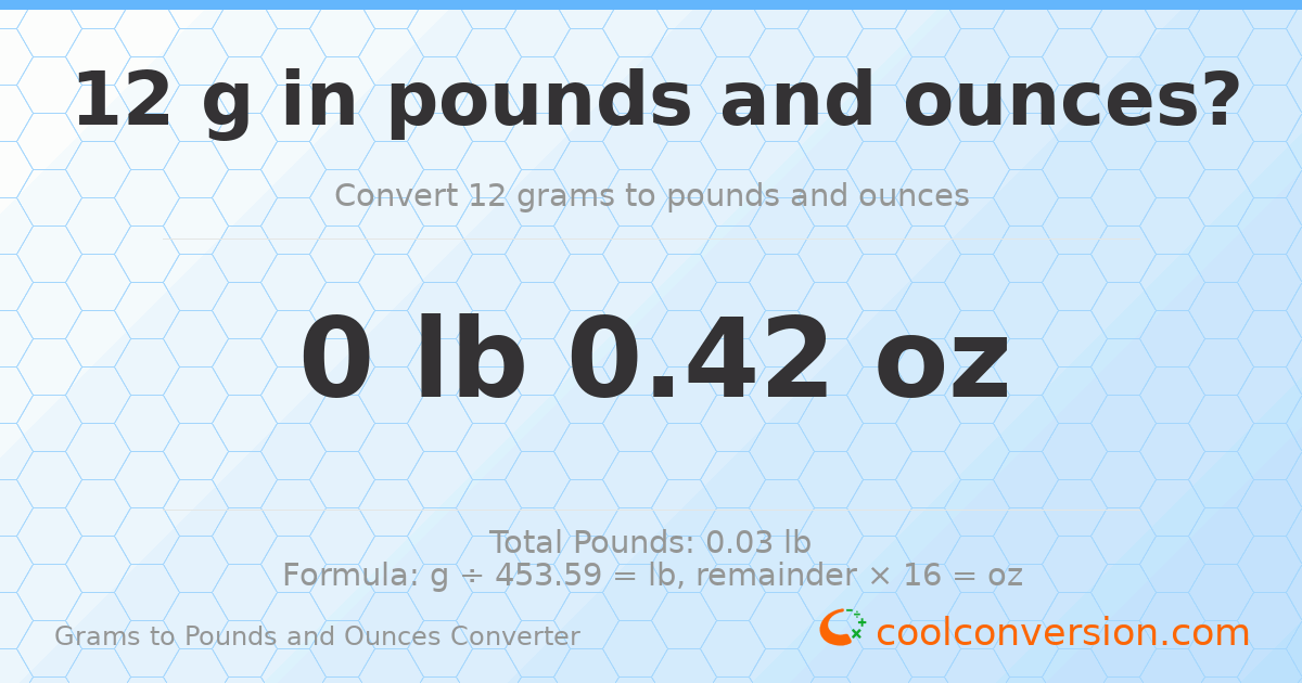 12 g to lb and oz — 12 g = 0 lb 0.42 oz