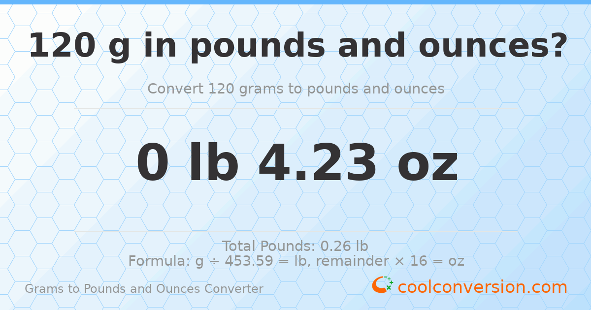 120 g to lb and oz — 120 g = 0 lb 4.23 oz