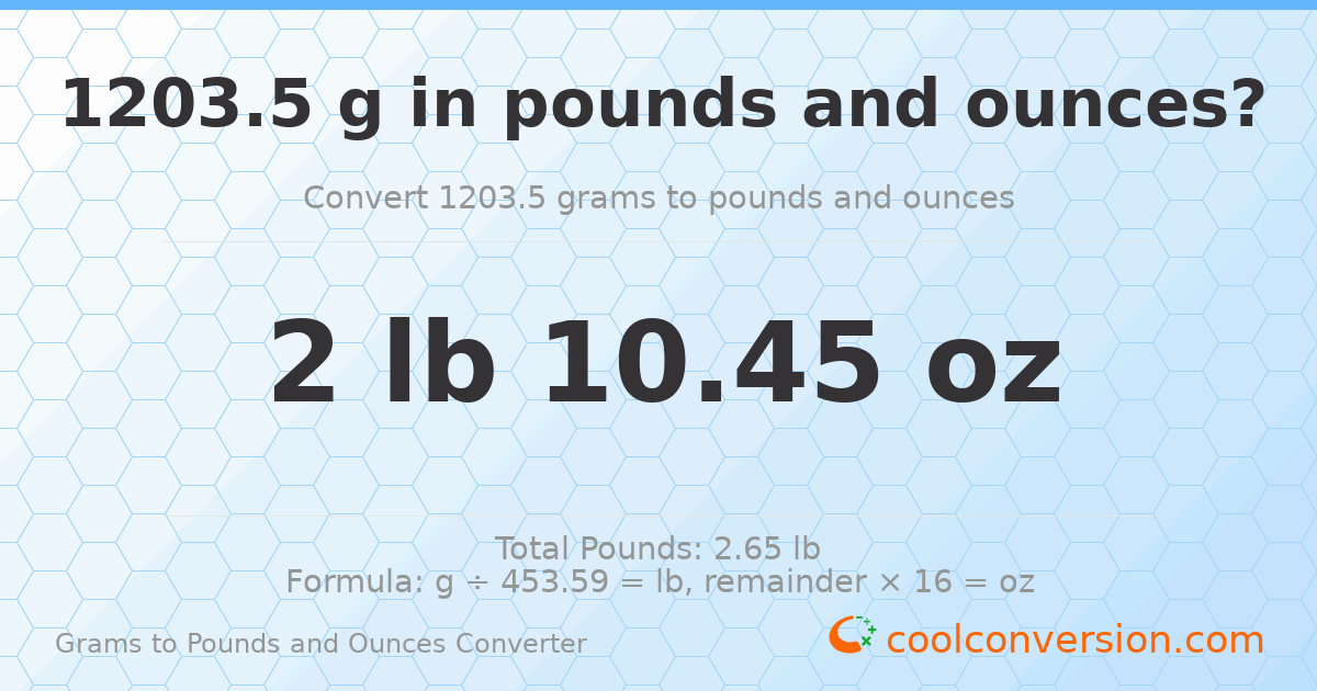 1203.5 g to lb and oz — 1203.5 g = 2 lb 10.45 oz
