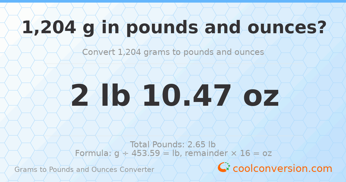 1204 g to lb and oz — 1204 g = 2 lb 10.47 oz