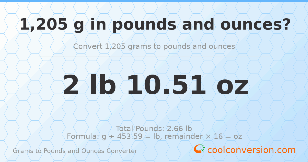 1205 g to lb and oz — 1205 g = 2 lb 10.51 oz