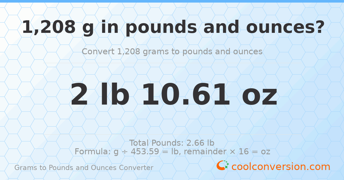 1208 g to lb and oz — 1208 g = 2 lb 10.61 oz