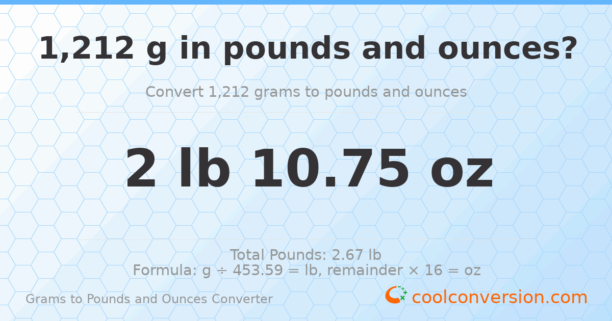 1212 g to lb and oz — 1212 g = 2 lb 10.75 oz