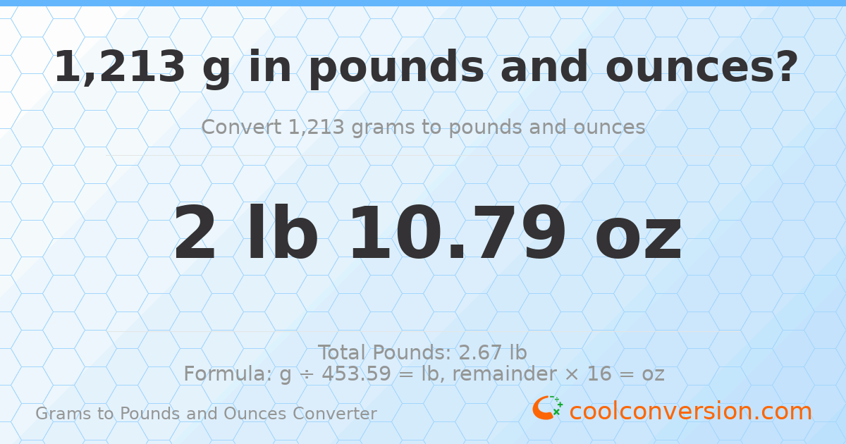 1213 g to lb and oz — 1213 g = 2 lb 10.79 oz
