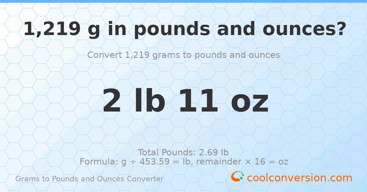 1219 g to lb and oz — 1219 g = 2 lb 11 oz