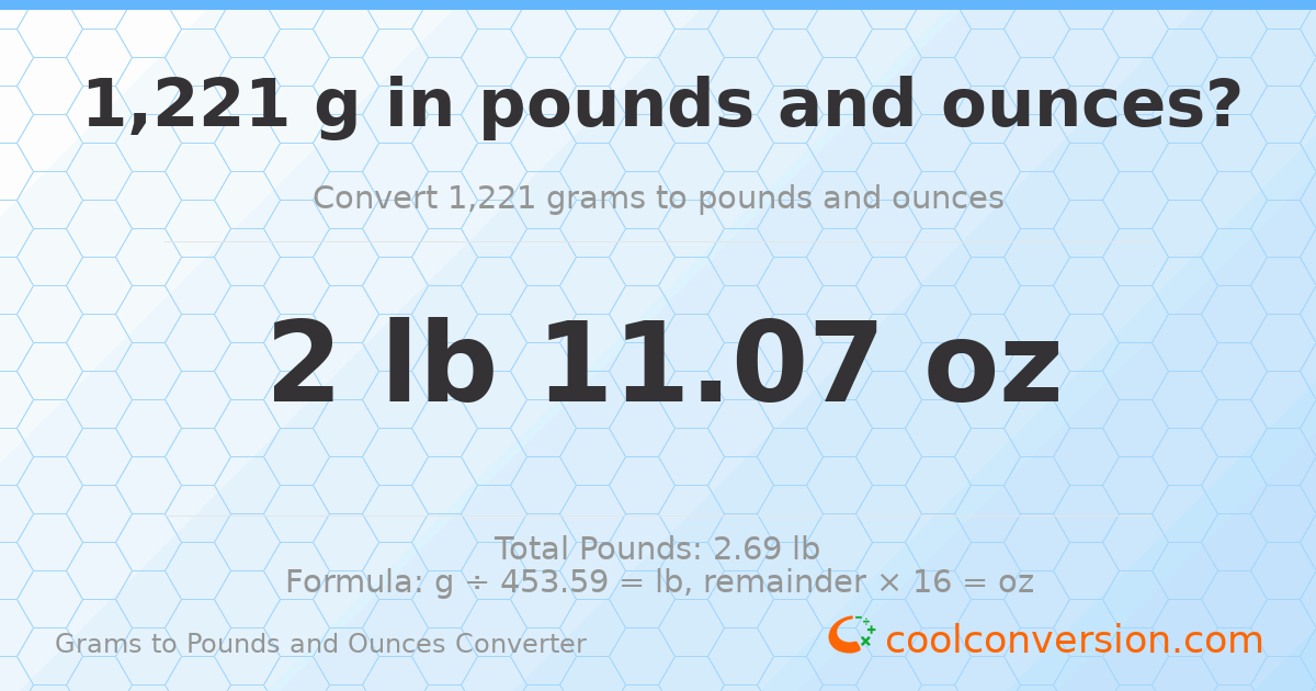 1221 g to lb and oz — 1221 g = 2 lb 11.07 oz