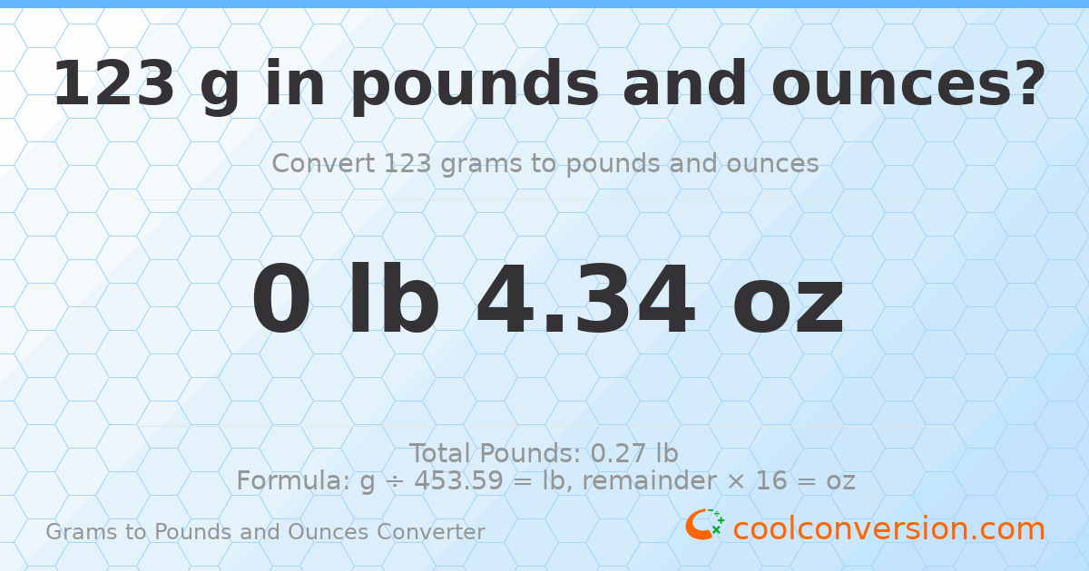123 g to lb and oz — 123 g = 0 lb 4.34 oz