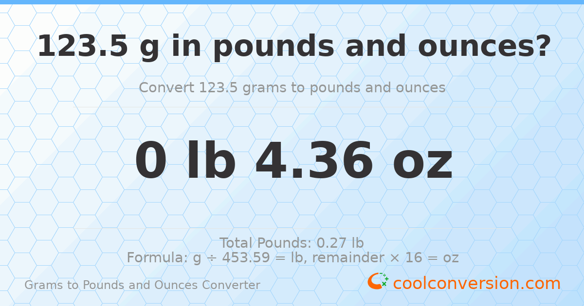 123.5 g to lb and oz — 123.5 g = 0 lb 4.36 oz