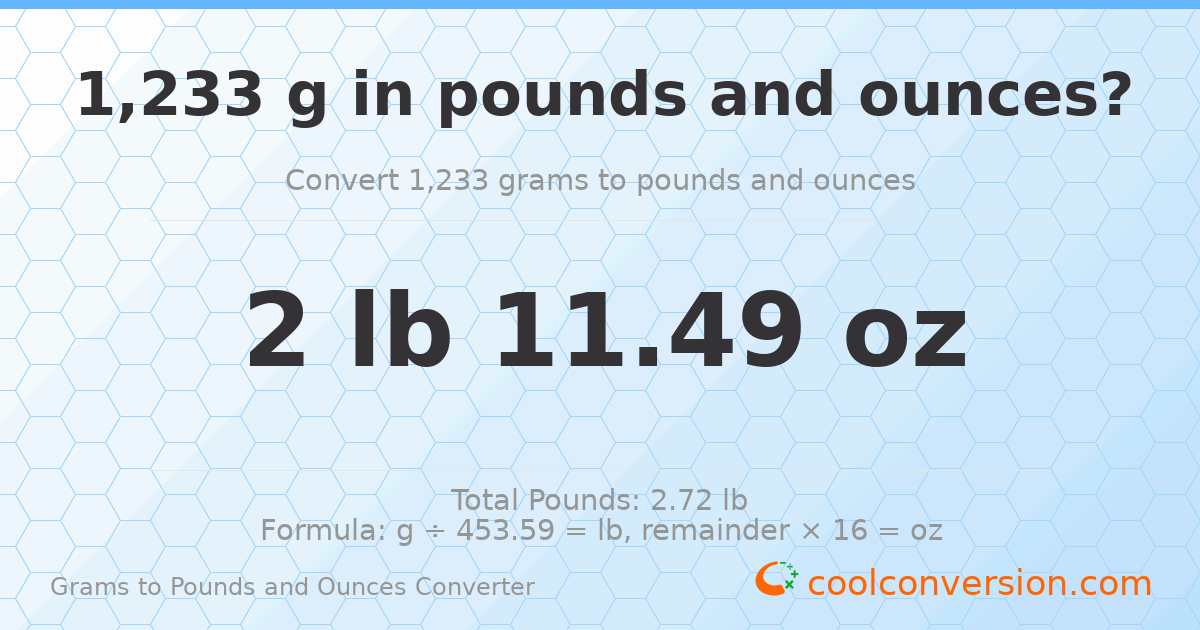 1233 g to lb and oz — 1233 g = 2 lb 11.49 oz