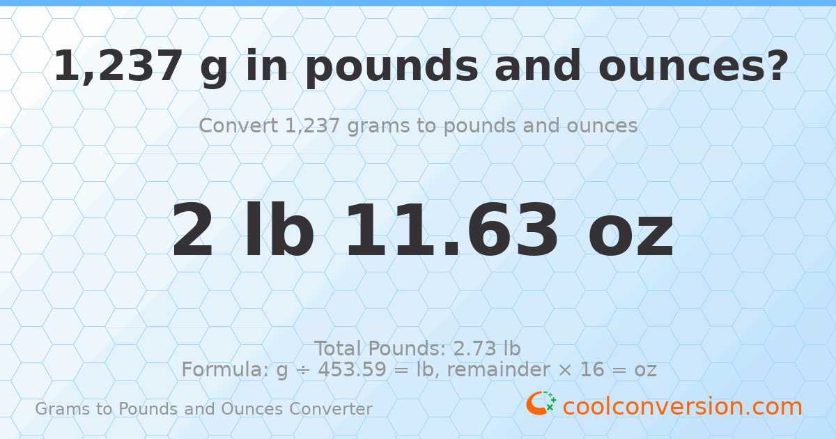 1237 g to lb and oz — 1237 g = 2 lb 11.63 oz