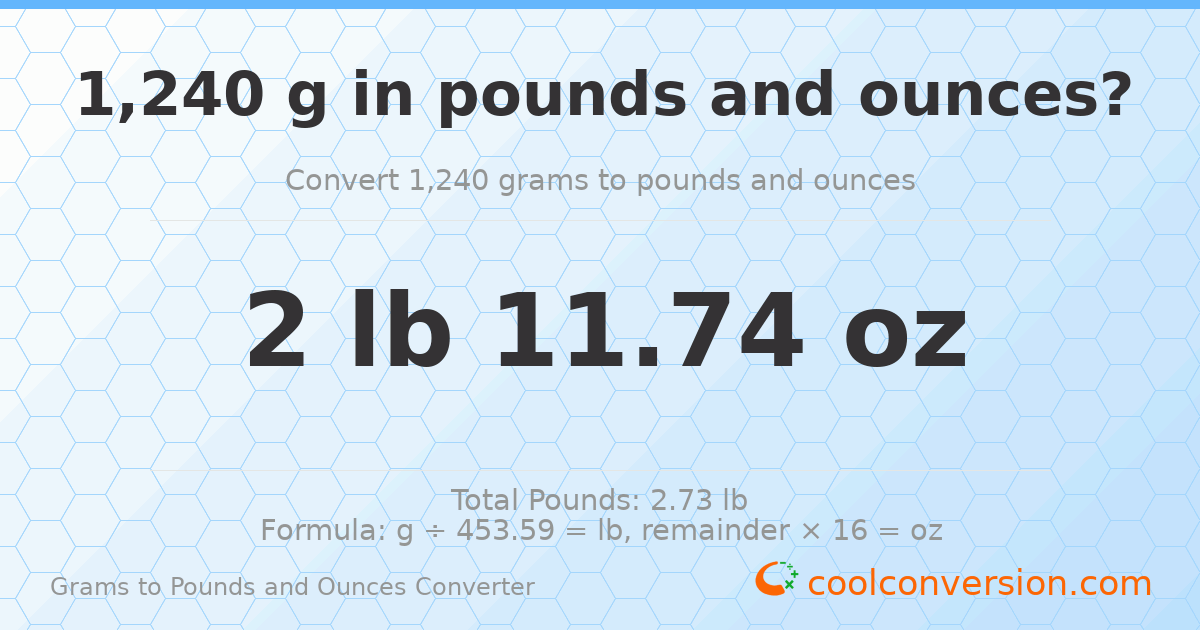 1240 g to lb and oz — 1240 g = 2 lb 11.74 oz