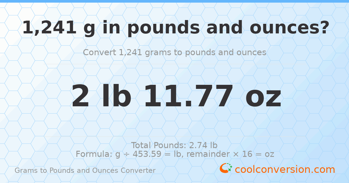 1241 g to lb and oz — 1241 g = 2 lb 11.77 oz