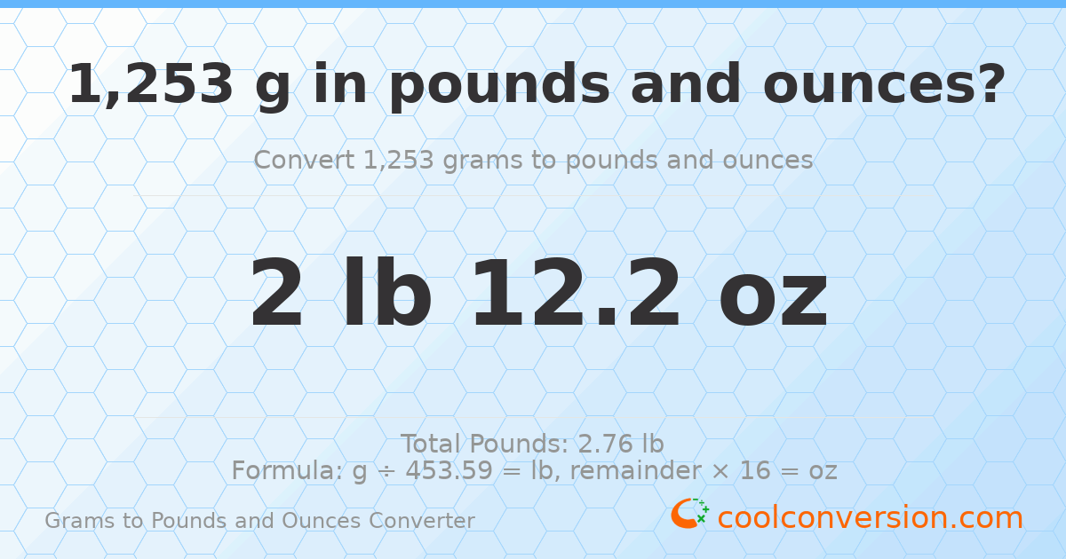 1253 g to lb and oz — 1253 g = 2 lb 12.2 oz