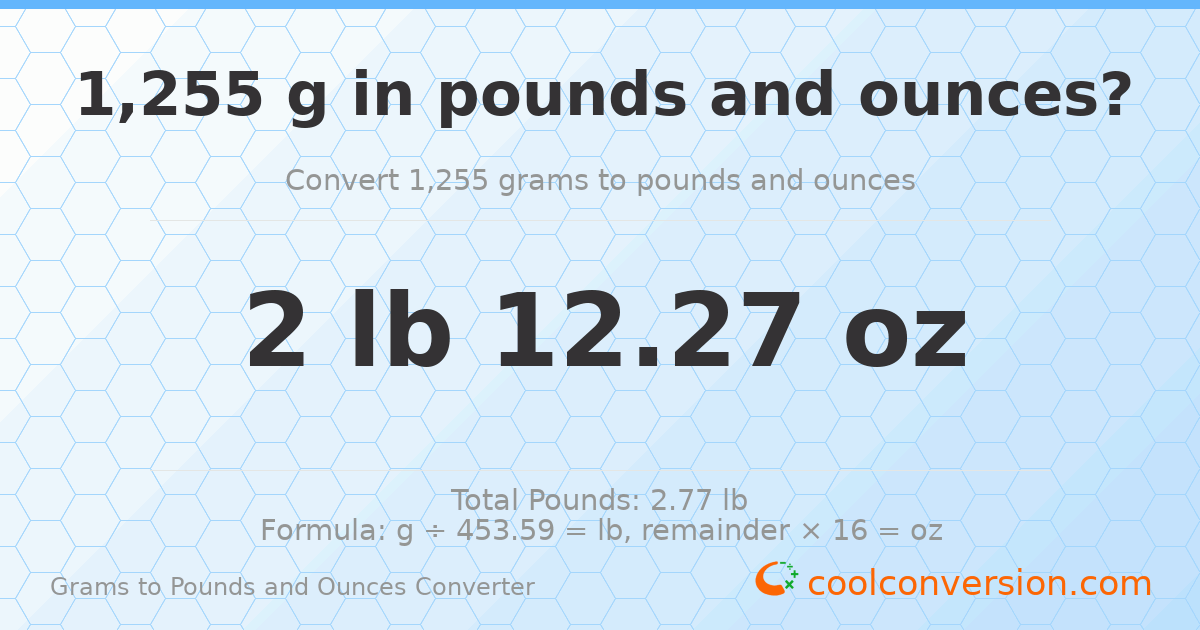 1255 g to lb and oz — 1255 g = 2 lb 12.27 oz
