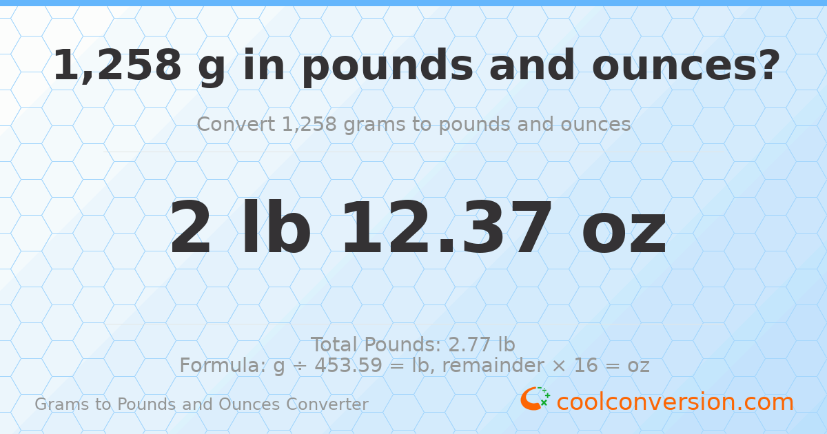 1258 g to lb and oz — 1258 g = 2 lb 12.37 oz