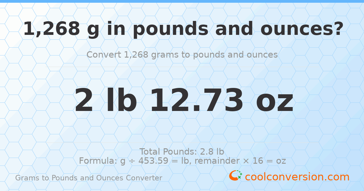 1268 g to lb and oz — 1268 g = 2 lb 12.73 oz