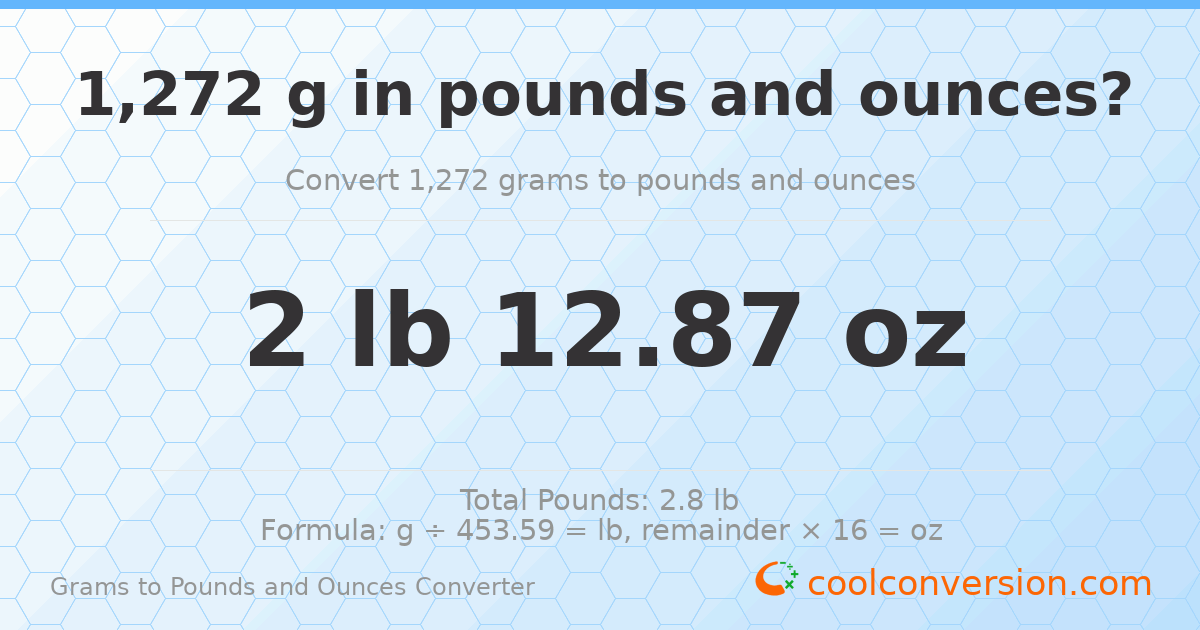 1272 g to lb and oz — 1272 g = 2 lb 12.87 oz
